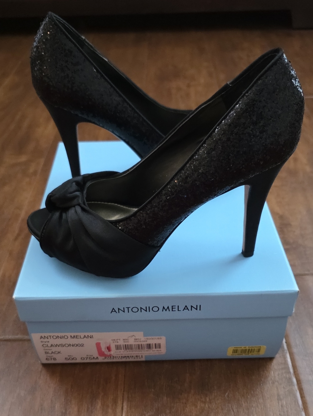 Antonio Melani Clawson Black Satin/Glitter Peep-Toe Stilettos